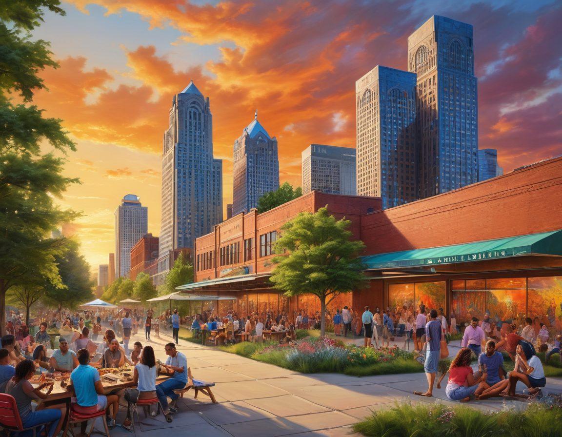 A vibrant Detroit cityscape at sunset, showcasing diverse groups of people engaged in various interactive activities like picnicking, dancing, and collaborating on art projects. The foreground features colorful murals and lush green parks, emphasizing community and friendship. Include elements like skyscrapers and street art to capture the urban vibe. super-realistic. vibrant colors. 3D.