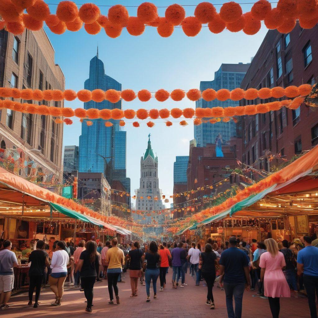 A lively street scene in Detroit showcasing a diverse crowd celebrating love, with colorful decorations, couples dancing, food stalls, and musicians performing. Incorporate iconic Detroit landmarks in the background, symbolizing community connections and joy. Capture the essence of urban culture with warm, inviting colors and an uplifting atmosphere. super-realistic. vibrant colors. urban art style.