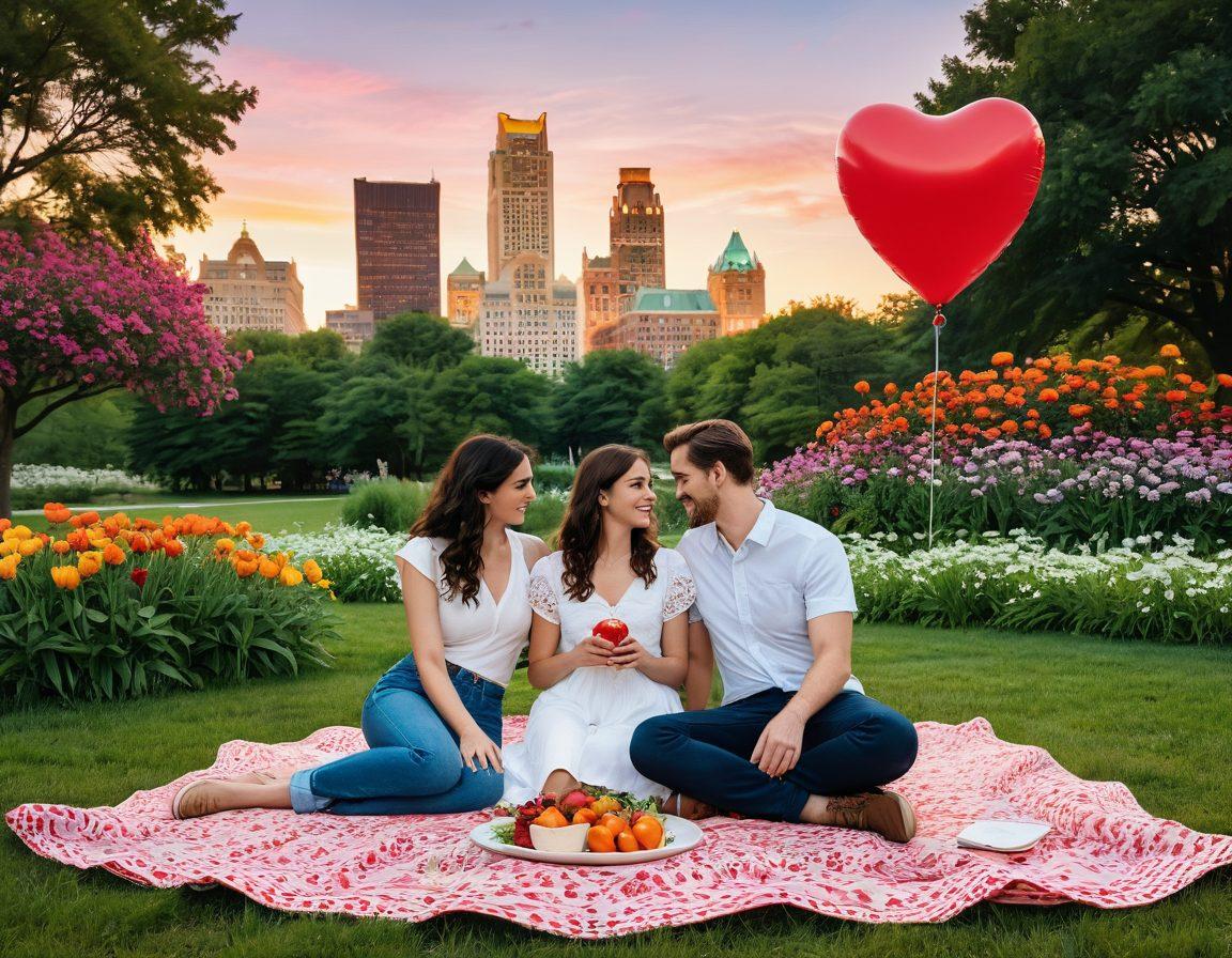 A vibrant illustration of a romantic couple enjoying a picnic in a picturesque Detroit park, surrounded by blooming flowers and iconic Detroit architecture in the background. Add elements of community engagement, such as friends laughing and playing frisbee nearby, and a sunset casting a warm glow over the scene. Include symbols of love, like heart-shaped balloons. super-realistic. vibrant colors. 